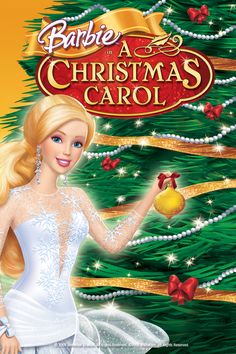 barbie's christmas carol movie poster with blonde hair and white dress, holding a gold ornament