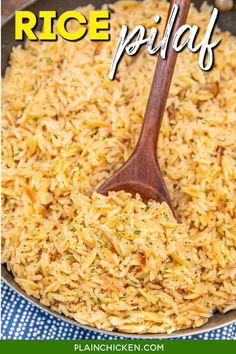 rice pilaf in a skillet with a wooden spoon and blue checkered table cloth