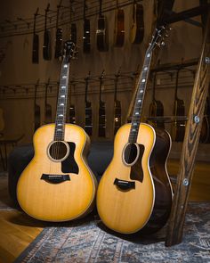 two acoustic guitars are sitting next to each other