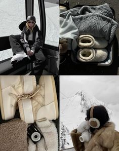 a collage of photos with woman in winter clothing