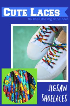 a pair of shoes with colorful laces on them and the words, cute laces no more boring shoelaces