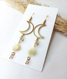 Sun and moon bridal boho earrings with pearls, romantic boho bridesmaid , birthday witchy gift for her, boho wedding gold earrings for women by Katangelshop on Etsy Wedding Gold Earrings, Witchy Earrings, Big Moon, Earrings With Pearls, Romantic Boho, Gold Earrings For Women, Boho Bridesmaid, Wedding Gold, Mini One