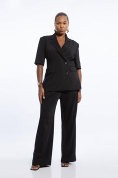 Plus Size Tailored Straight Leg Pants Plus Size Power Suit, Straight Leg Pantsuit With Pockets, Black Tailored Wide-leg Pantsuit, Black Pantsuit With Pockets For Work, Black Workwear Pantsuit With Pockets, Classic Black Pantsuit With Pockets, Black High-waisted Pantsuit With Pockets, Fitted Black Wide Leg Pants With Welt Pockets, Black Business Casual Pantsuit With Pockets