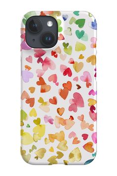 an iphone case with hearts painted on the front and back cover in multicolors