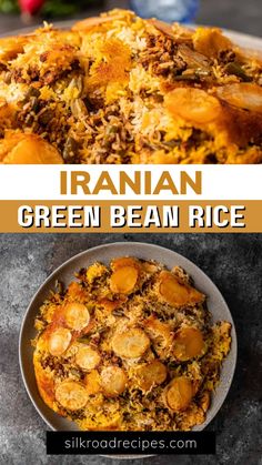 two pictures with different types of food in them and the words, italian green bean rice