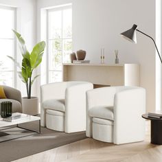 a modern living room with white furniture and large windows in the backround area