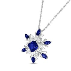 Celebrate her favorite season with the wintry design of this princess and marquise-cut blue lab-created sapphire and diamond accent snowflake pendant. Crafted in sterling silver This look features a tilted 5.0mm princess-cut bright blue lab-created sapphire glistening at the center of a sculpted snowflake frame. Diamond accents adorn the frame while marquise-cut blue lab-created sapphires glisten at the ends to complete this beautiful style. The pendant suspends along an 18.0-inch rope chain that secures with a spring-ring clasp. Formal Diamond Snowflake Jewelry, Formal Snowflake Diamond Jewelry, Fine Jewelry Snowflake Cubic Zirconia, Snowflake Shaped Cubic Zirconia Fine Jewelry, Blue Snowflake Sterling Silver Necklace, Elegant Jewelry For Anniversary In Winter, Sapphire Marquise Jewelry With Diamond Accents, Blue Marquise Necklace For Gift, Blue Marquise Necklace For A Gift