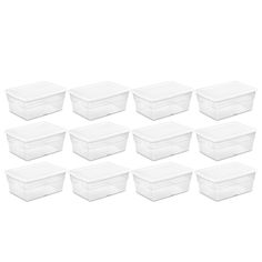 twelve plastic storage containers with lids on each side and one empty container in the middle