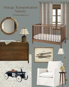 a baby's nursery with furniture and decor