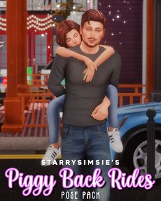 a man holding a woman in his arms with the words piggy back rides