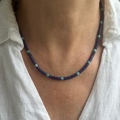 Kingman Turquoise Beaded Heishi Necklace Afghanistan Lapis Choker Small Blue Silver Bead Necklace Women's Men's Unisex Modern Necklace - Etsy Blue Single Strand Heishi Bead Necklaces, Blue Single Strand Heishi Beaded Necklaces, Blue Heishi Beaded Necklaces With Polished Beads, Gift Turquoise Necklace With Gemstone And Heishi Beads, Artisan Blue Heishi Beaded Necklaces, Blue Heishi Beads Necklace With Polished Beads, Blue Single Strand Heishi Beaded Necklace, Artisan Blue Heishi Beads Necklaces, Adjustable Turquoise Heishi Beads Necklace