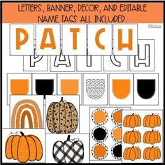 an orange and black printable pattern with pumpkins, letters, and other items