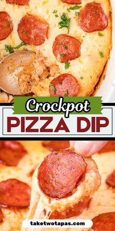 a close up of a pepperoni pizza on a pan with the words crockpot pizza dip above it