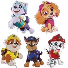 four different cartoon dogs are shown in this image, one is wearing a fireman's hat and the other has a life jacket