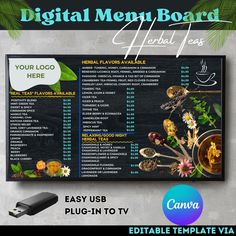 a menu board with the words digital menu board next to it and an image of a cup of coffee