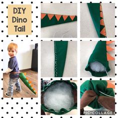 a collage of photos showing how to make a diy dino tail with felt