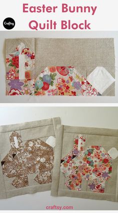 an easy to sew bunny quilt block is shown in three different stages, including the pattern