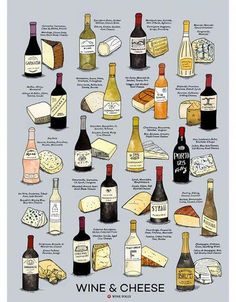 a poster with different types of wine and cheese on it's sides, all labeled in