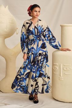 Blue dress with floral handblock print and elasticated waistband. - Aza Fashions Blue Maxi Dress With Elastic Waistband, Blue Cotton Dress With Elastic Waistband, Blue Block Print Dress For Spring, Peasant Dress, Puffed Sleeves, Dress For Women, Aza Fashion, Blue Dress, Dresses Maxi