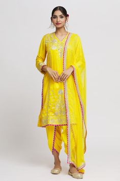 Yellow kurta with thread, gota embroidery in floral pattern. Paired with dhoti pant and dupatta. - Aza Fashions Gopi Vaid, Gota Embroidery, Yellow Kurta, Kurta Patterns, Dhoti Pants, Thread Work, Set For Women, Embroidery Thread, Aza Fashion