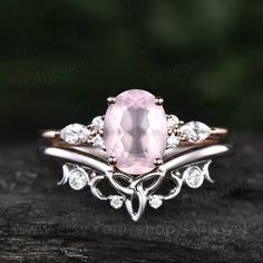 "This is a rose quartz engagement ring in solid gold,about 6x8mm oval cut. The accent stones are round 1.5mm and marqueise 2x4mm moissanites. The wedding band stones are moissanites. The band width is about 1.45mm. Only the engagement ring: https://www.etsy.com/listing/933401135/pear-black-rutilated-quartz-engagement It can be made in any ring size. However please contact me to custom make it to a special big or small size. It can be made in white gold,rose gold or yellow gold with 14k or 18k. H Rose Quartz Wedding, Rose Quartz Ring Engagement, Moissanite Ring Set, Quartz Engagement Ring, Blue Topaz Engagement Ring, Rose Gold Quartz, Viking Ring, Agate Engagement Ring, Topaz Engagement Ring