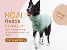 a black and white dog wearing a sweater with the words, noah fleece sweater beginner friendly sewing pattern