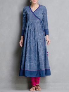 Buy Indigo Hand Block Printed Kalidar Angrakha by Aavaran Cotton Apparel Tunics & Kurtas Muse Dabu Dyed Skirts More from Akola Rajasthan Online at Jaypore.com Indigo Fashion, Angrakha Style, Kurti Neck Designs, Kurta Designs, Indian Designer Wear, Printed Dress, Mode Inspiration