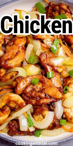 chicken with onions and scallions in a white bowl