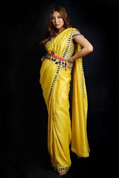 Shop for Archana Kochhar Yellow Silk Saree With Embroidered Blouse for Women Online at Aza Fashions Haldi Sari, Yellow Silk Saree, Embroidered Belt, Yellow Saree, Yellow Silk, Madhya Pradesh, Cold Shoulder Blouse, Embroidery Blouse, Yellow Fabric