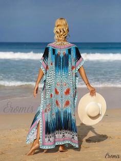 Eromis - Bohemian-inspired Plus Size Maxi Cover Up Dress with Allover Print, V-Neck, Bat Sleeves, and Slight Stretch for Women Summer V-neck Boho Print Kaftan, Printed V-neck Beach Dress For Festivals, V-neck Boho Print Festival Cover-up, Festival Boho Print V-neck Cover-up, Bohemian V-neck Kaftan For Summer, Free Size V-neck Maxi Dress For Vacation, Boho Print V-neck Cover-up For Vacation, V-neck Boho Print Cover-up For Vacation, V-neck Boho Print Vacation Cover-up