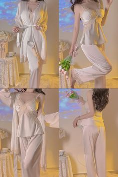 Pretty pajamas, Sleepwear women pajamas, Pajamas aesthetic, #Sleepwear #Pajamasaesthetic #pajamas #lacepajamas Feminine Satin Sleepwear Sets, Satin Sets With Lace Trim For Wedding Night, Satin Lace Trim Sets For Wedding Night, Spring Lace Loungewear Sets, Lace Sets For Loungewear In Spring, Lace Sets For Spring Loungewear, Spring Satin Night Sets, Elegant Loungewear Sets With Lace Trim, Elegant Lace Trim Loungewear Sets