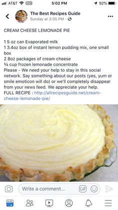 a pie with cream cheese on top is shown in the bottom right corner, and below it are instructions for how to make lemonade