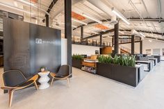 an office with plants and chairs in it