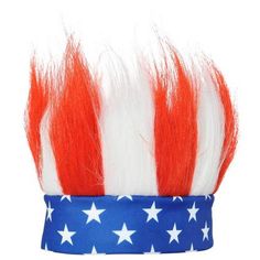 an american flag hat with red, white and blue feathers