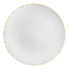 an empty white plate with gold trim