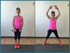 a woman in pink shirt and black pants doing exercises