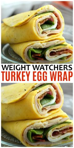 two pictures showing different types of wraps on a metal platter with the words weight watchers turkey egg wrap