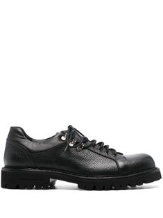 black calf leather grained texture tonal stitching silver-tone hardware logo patch at the tongue round toe front lace-up fastening branded leather insole ridged rubber sole Classic Leather Lace-up Shoes With Vibram Sole, Leather Lace-up Shoes With Studded Rubber Outsoles, Studded Lace-up Leather Shoes, Lace-up Leather Shoes With Studded Outsoles, Calf Leather Low-top Lace-up Shoes With Textured Sole, Classic Leather Sole Lace-up Shoes For Streetwear, Low-top Calf Leather Shoes With Vibram Sole, Leather Low-top Lace-up Shoes With Studded Outsoles, Leather Streetwear Shoes With Vibram Sole