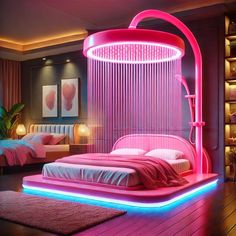 a bedroom with pink lighting and a bed