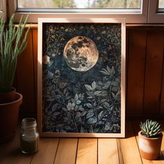 an image of a full moon in the night sky with plants and potted plants