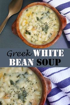 two bowls of greek white bean soup on top of a blue and white striped towel