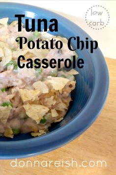 tuna potato chip casserole in a blue bowl