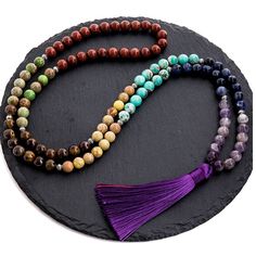 7 Stone Chakra Mala Just Go With The Flow, Tassel Necklace Boho, Anniversary Necklace, Mala Bead Necklace, Let It Flow, Chakra System, Chakra Necklace, Necklace Collection, Les Chakras