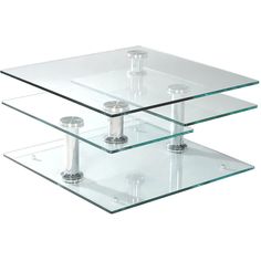 two glass tables with metal legs on each side and one is stacked in the middle