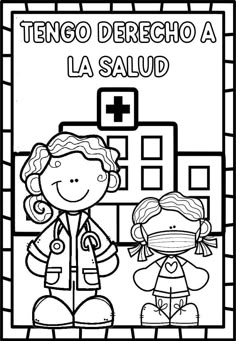 a black and white coloring page with two children in front of a sign that says, te