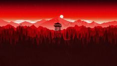 an image of a mountain scene with trees and a tower in the distance, under a red sky