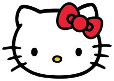 an image of a hello kitty face with a bow on it's head and the word hello kitty written in red