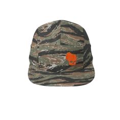 Wiskullsin 5-Panel Hat - Camo and Orange Military Style Snapback Hat With Curved Brim For Outdoor, Military Style Snapback Hat With Curved Brim, Outdoor Camouflage Flat Cap, Camouflage Snapback Baseball Cap For Outdoor, Military Style Snapback Hat With Flat Brim, Camouflage Flat Bill Hat For Outdoor, Military Snapback Hat With Flat Bill For Outdoor, Camouflage Snapback Baseball Cap For Streetwear, Flat Bill Snapback Hat For Camping