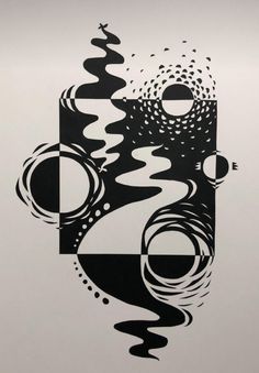 an abstract black and white painting with circles