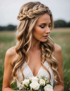 40 Stunning Blonde Wedding Hairstyles For Long Hair Bride Hairstyles With Flowers, Side Part Bridal Hair, Side Braid Wedding Hair, Blonde Wedding Hairstyles, Braid For Long Hair, Bridesmaid Hairdo, Bride Hairstyles For Long Hair, Braid Half Up Half Down, Blonde Wedding Hair